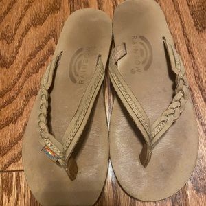 Rainbow braided flip flops